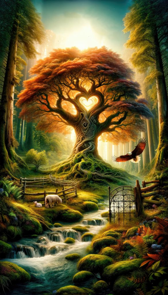 In the heart of an ancient forest, where the sun kissed the earth with its first light, stood the Tree of Life. Its roots, veined through the soil like the lifeblood of the forest floor, drew whispers of life from every corner of the wood. The trunk, a masterpiece of nature's sculpting, formed a heart that pulsed with the essence of the wild.

Each dawn, the Tree of Life bathed in a golden glow, its leaves a tapestry of fiery hues, casting a mystical aura throughout the forest. Below, a stream danced over moss-covered stones, singing the song of eternal flow. Animals, entranced by the trees magic, congregated in harmony around its vast presence.

By the ornate gate that marked the forests edge, a shepherd paused, his flock grazing peacefully nearby. He looked upon the tree with reverence, as his ancestors had done for generations. They believed the heart of the tree held the secrets of the past and the promise of the future, a symbol of life's enduring cycle.

Birds took flight, circling the tree, their wings whispering tales of old. The shepherd knew that as long as the heartwood beat, the forest would thrive, an everlasting haven where the pulse of nature's enchantment flowed free.